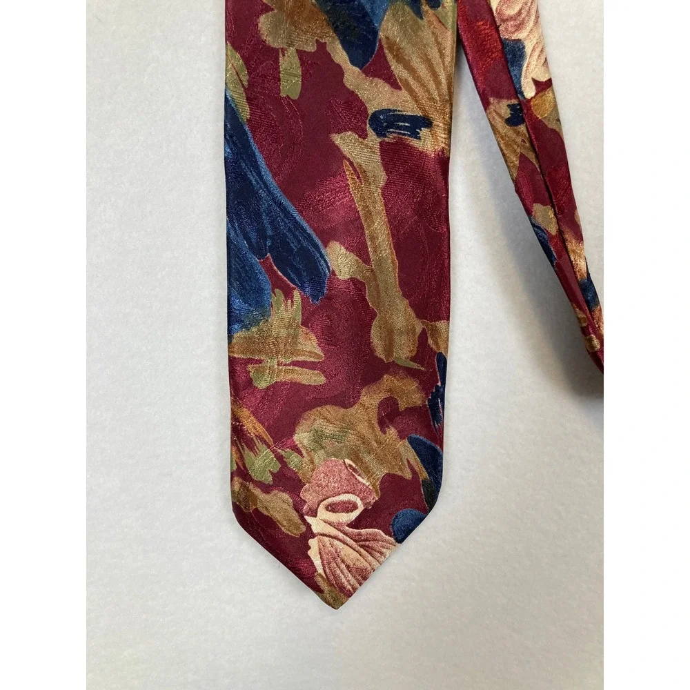Towncraft‎ Necktie Mens OS Burgundy Gold Blue Floral Abstract Jacquard Classic